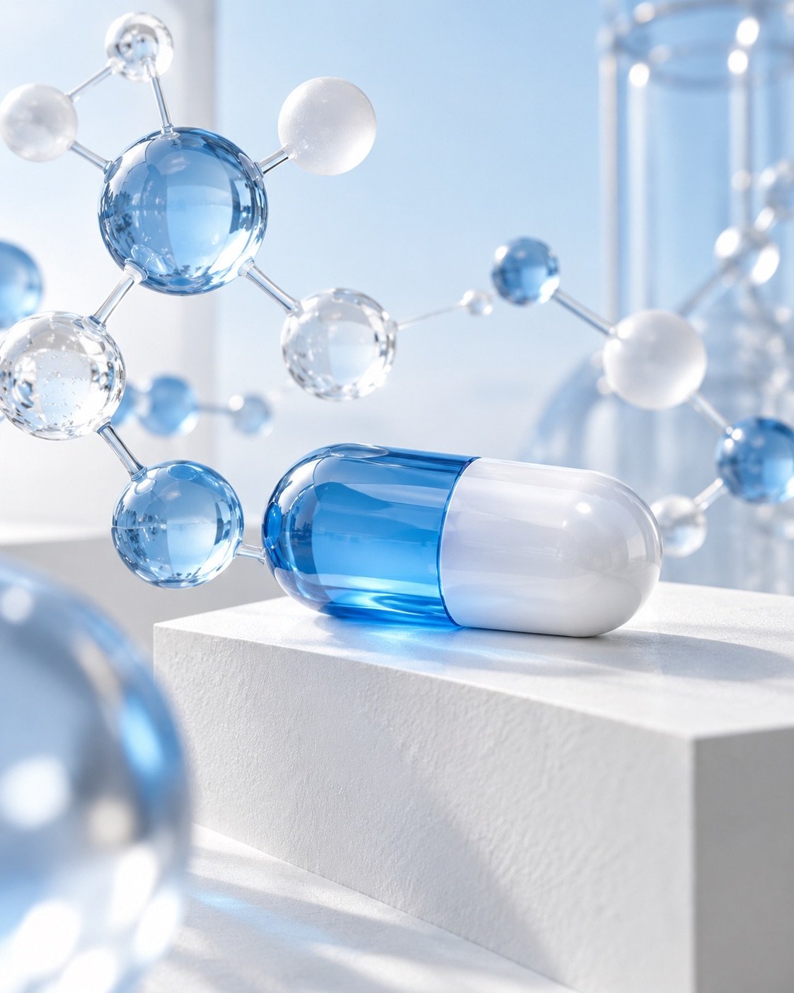 Conceptual blue and white molecular science artwork